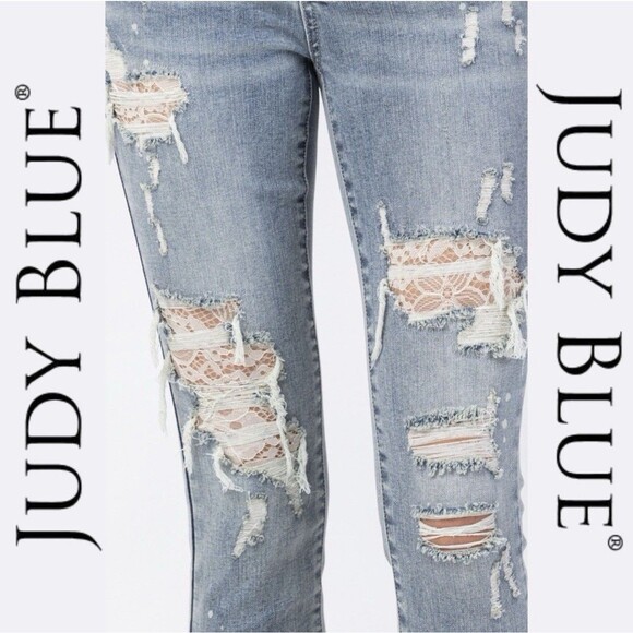 JUDY BLUE Jeans 5 / 27 Lace Patch Mid Rise Distressed Skinny Light Wash JB88432 - Picture 2 of 16